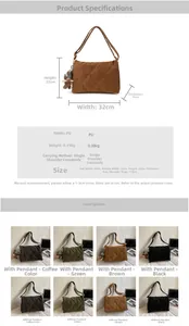 Detailed size chart and four color options for the quilted PU leather shoulder tote bag