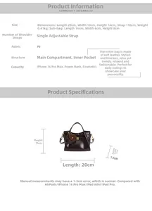 Detailed size diagram of vintage dark brown tote bag with adjustable shoulder strap