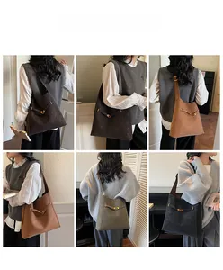 Detail view of retro tote bags in four colors shown with stylish fashion outfits