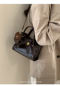 Macro shot of dark brown retro leather handbag with golden hardware buckle and mini pouch