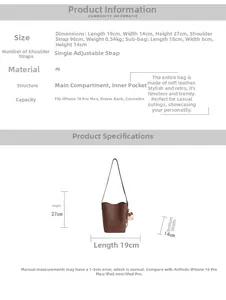 Detailed size chart for the vintage solid color PU leather bucket bag and inner pouch