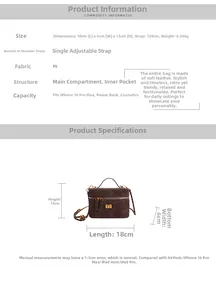 Detailed size chart for the brown quilted PU leather handbag with specific dimensions