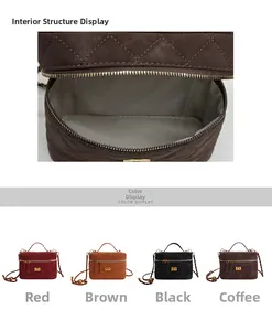 Quilted square chain bags in four colors with a close-up of the interior compartment