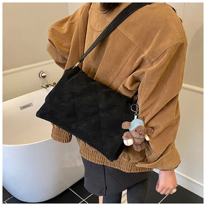 Detail of large black quilted crossbody bag with a cute brown bear charm on strap