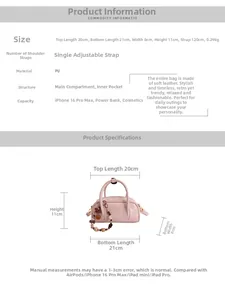 Size chart showing handbag dimensions 21x11x8cm with capacity for a smartphone
