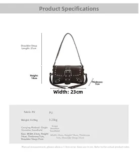 Detailed size chart for dark coffee PU punk style rivet shoulder bag with measurements
