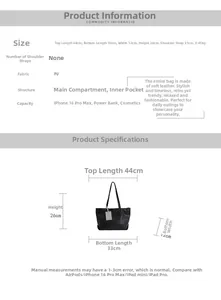 Size guide for large PU leather tote bag showing detailed dimensions and interior structure