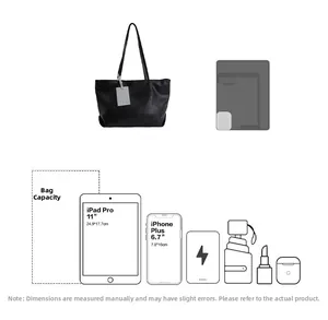 Detail showing high-capacity black leather tote bag storing an 11-inch iPad Pro and iPhone