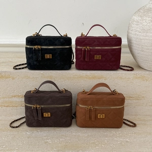 Quilted mini square bags in black, burgundy, coffee, and tan with metal chain straps