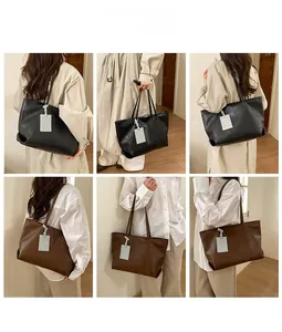 Detailed views of minimalist tote bags in black and brown shown on models in indoor settings