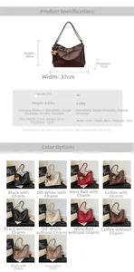 Detailed size chart for retro PU tote bag with dimensions 37x28x13cm and weight specs