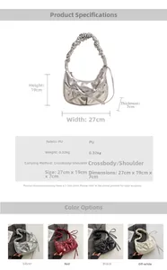 Detailed chart showing size specs and four color variants for metallic pleated hobo bag