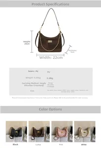Detailed chart showing PU leather dumpling bag dimensions 22x20x6cm and chain strap