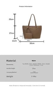 Guide des tailles indiquant les dimensions et le matériau du sac cabas en nylon