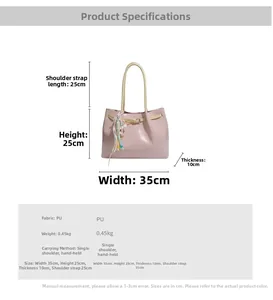 Size chart for cream-style shoulder bag with 35x25x10cm dimensions and PU leather specs