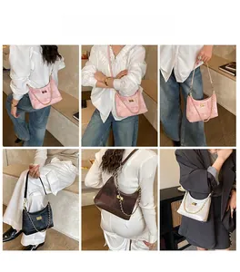 Collage of chic saddle bags in pink, blue, and brown with gold chain and square buckle