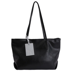 Minimalist large black PU leather tote bag for women with cute dog tag detail