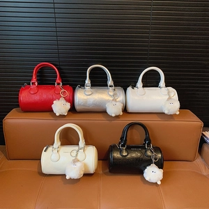 Women's PU Leather Cylinder Crossbody Bag Fashion Boston Pillow Shoulder Bag Casual Small Handbag With Plush Pendant