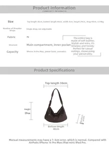 Detailed size chart for dark brown PU leather tote bag with measurements and capacity