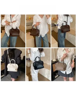 Collage of chic shell-shaped handbags in four colors showing various carrying styles