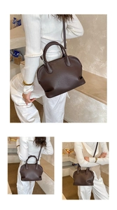 Detailed views of dark brown lychee leather shell bag shown as handbag and crossbody