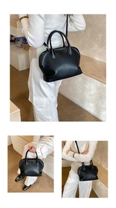 Three views showing high-quality black matte leather bowling bag with top handles and strap