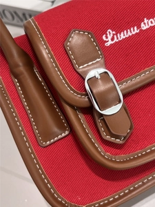 Detail view of red canvas crossbody bag with brown leather trim and silver buckle