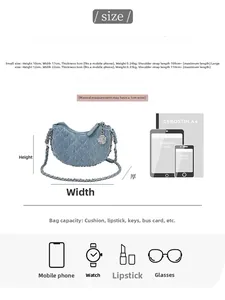 Especificaciones detalladas de tamaño y guía de capacidad para el bolso denim de media luna