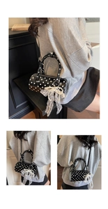 Polka dot cylinder handbag with lace pearl charm shown from multiple lifestyle angles