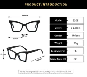 Detailed size specifications for vintage large frame anti-blue light glasses Model 6208