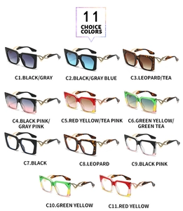 Collage of eleven oversized square sunglasses showing various colors and wavy metal temples