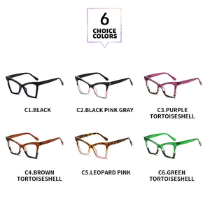Detailed grid showing six stylish cat-eye glasses frames in assorted colors and patterns