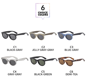 Six different color options for retro oval sunglasses in a minimalist 2x3 grid display