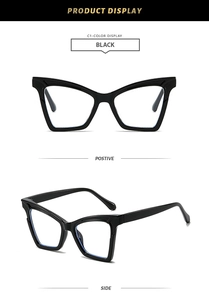 Detailed views of black oversized cat eye glasses with a retro polished frame finish