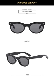 Retro oval sunglasses in black-gray with metal accents, front and side views