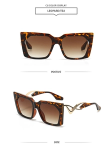 Detail of leopard print square sunglasses with hollow gold metal temples and tea lenses