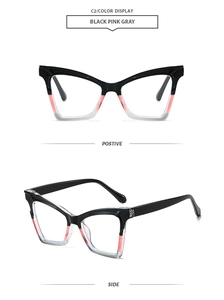 Detail view of cat-eye glasses frame featuring a tricolor black pink and gray gradient