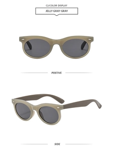 Retro oval jelly gray sunglasses with metallic rivets shown from front and side angles