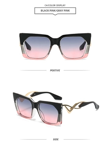 Detail view of square oversized sunglasses with gradient lenses and hollow metal V temples