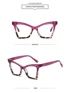 Detail view of purple tortoiseshell cat-eye glasses frame with positive and side angles