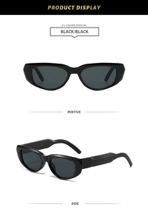 Front and side views of stylish black chunky frame sunglasses with dark grey lenses