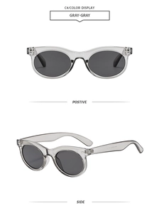 Detail view of oval semi-transparent gray sunglasses with dark lenses from multiple angles