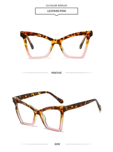 Detail of leopard print and pink gradient cat eye frames with anti-blue light lenses