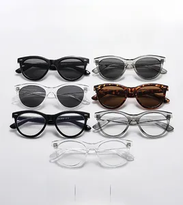 Matrix display of vintage cat-eye sunglasses and blue light glasses in multiple colors