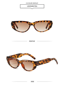 Detail view of leopard print frame sunglasses with tea gradient lenses from two angles