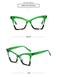 Detail of green tortoiseshell cat-eye frames featuring blue light blocking technology
