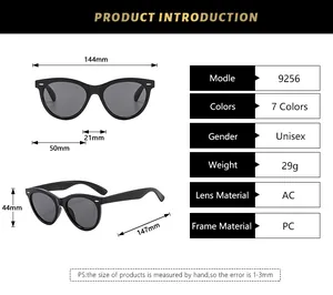 Detailed dimension chart for model 9256 cat eye sunglasses showing frame size and specs