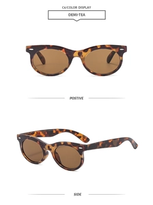 Detail view of oval demi-tea tortoiseshell sunglasses with brown lenses and wide temples