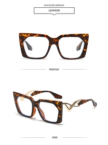 Detail of square leopard print sunglasses with unique hollow gold metal temples