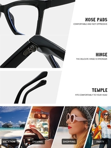 Detail view of anti-blue light glasses showing nose pads, hinges and stylish daily usage